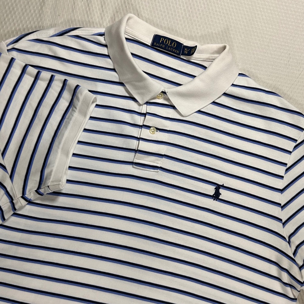 Polo Ralph Lauren Mens XL Striped Short Sleeve Polo Shirt White Navy Blue Cotton